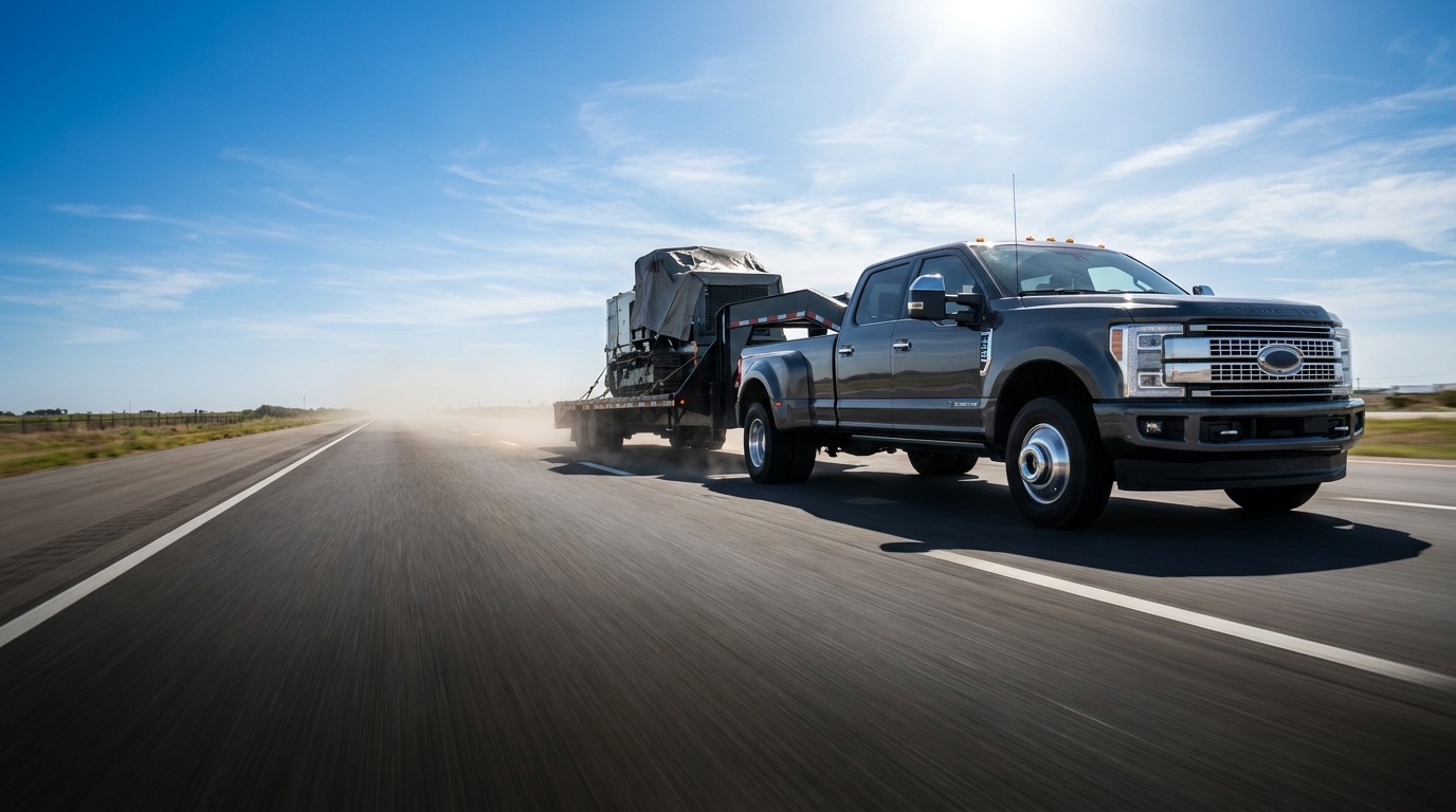 Dually and gooseneck flatbed moving at speed on an open Texas interstate