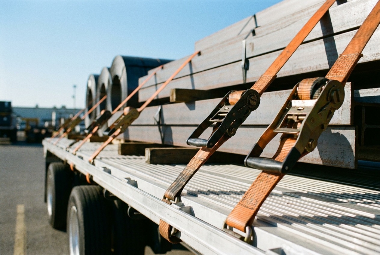 Ratchet straps pulled tight over strapped steel cargo on a flatbed