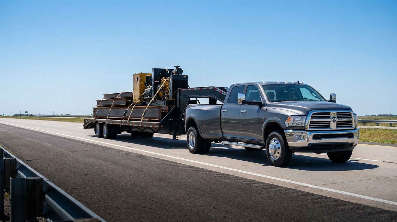 Graphite dually pickup towing a loaded gooseneck flatbed on a Texas interstate